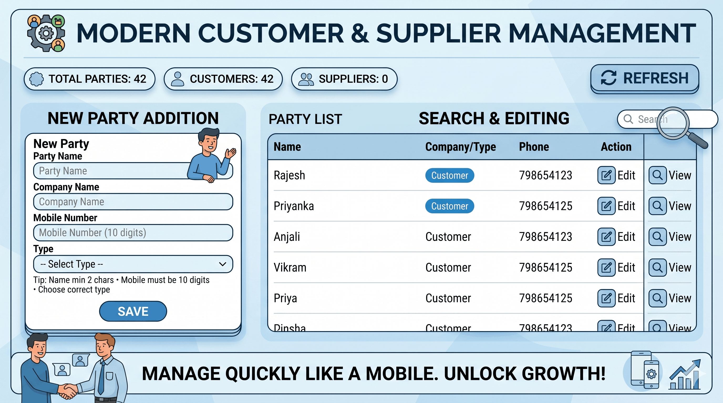 Bill Sarthi customer management screenshot