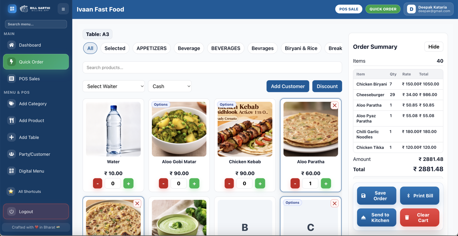 Bill Sarthi restaurant POS dashboard