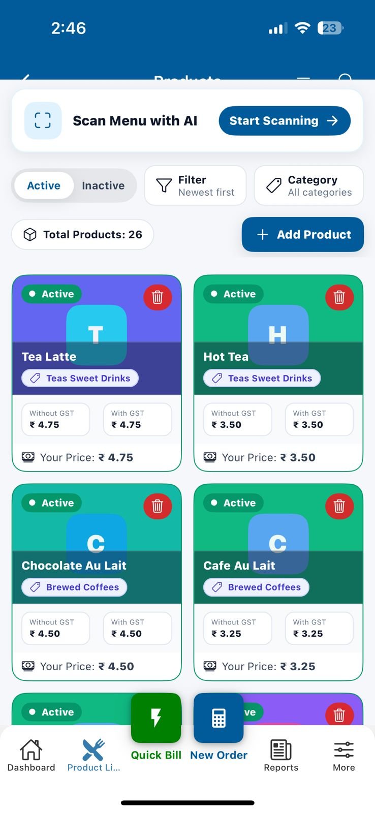 Bill Sarthi bakery app product list screen