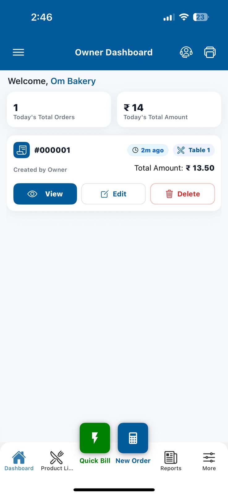 Bill Sarthi bakery app dashboard screen