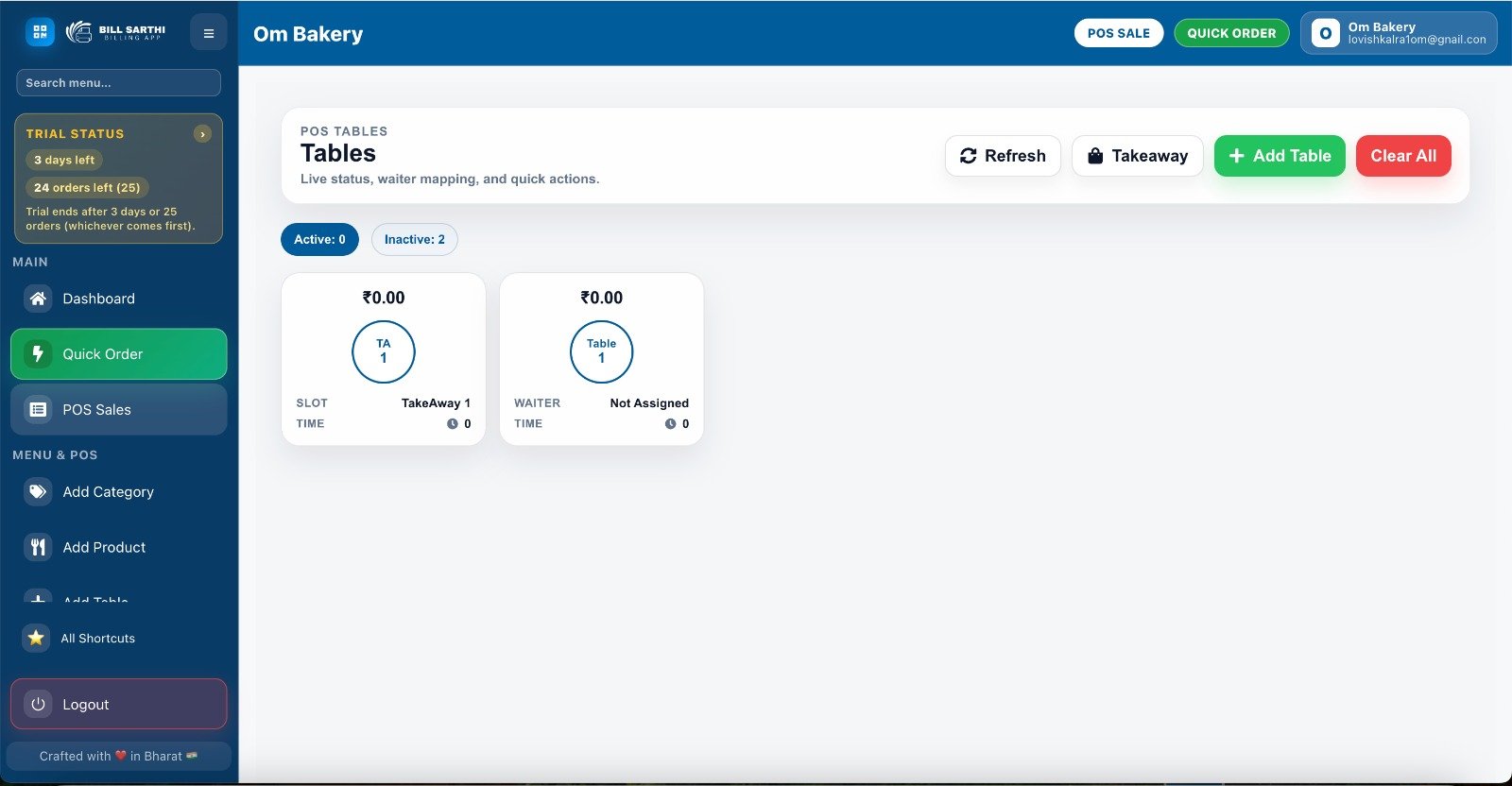Bill Sarthi desktop app tables management screen