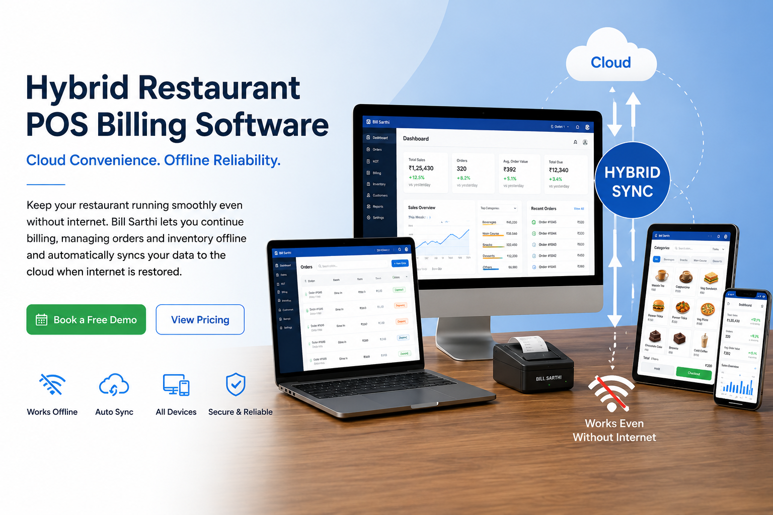 Bill Sarthi hybrid restaurant POS software with offline billing and cloud synchronization across multiple devices