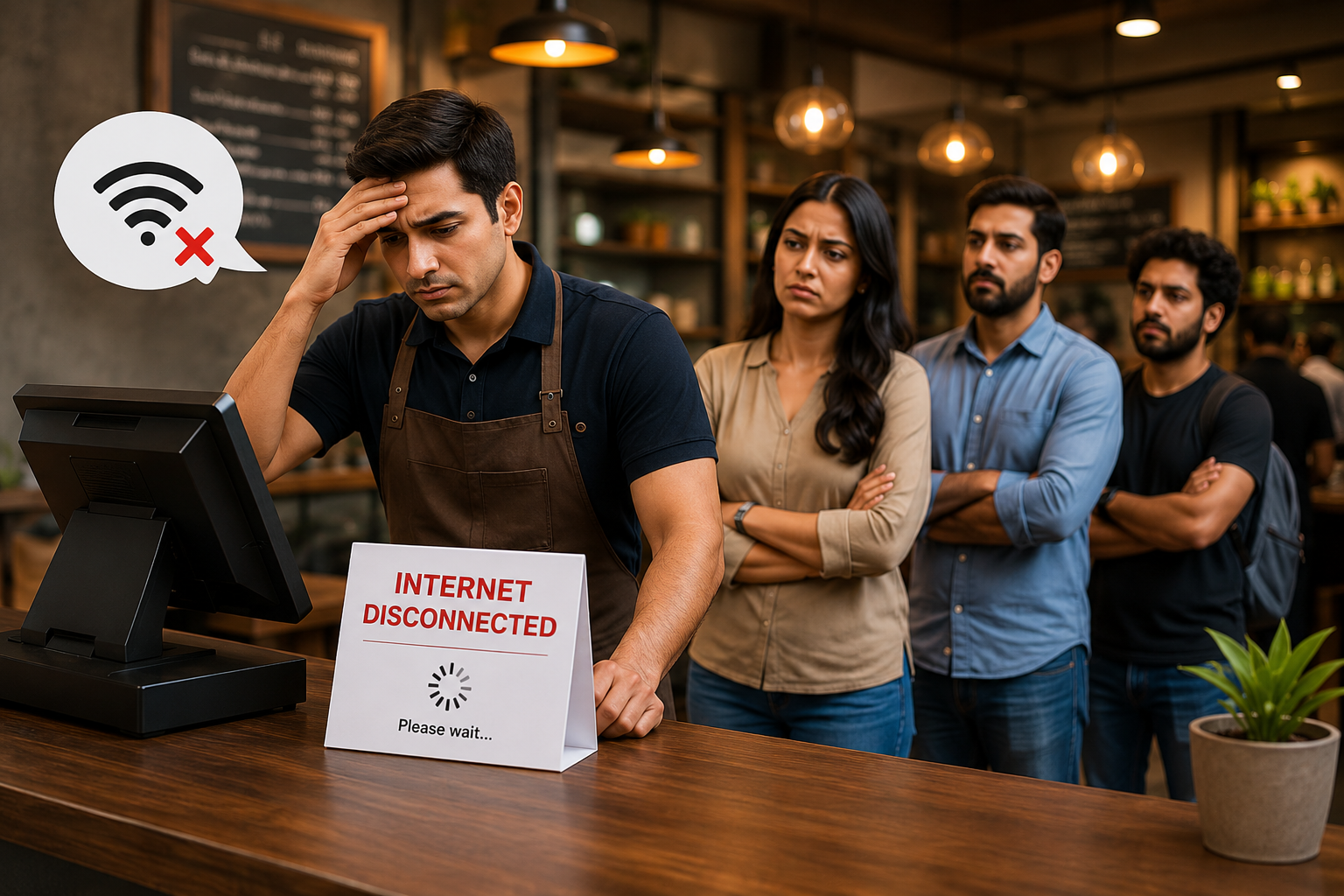 Restaurant billing counter facing customer queues during an internet outage