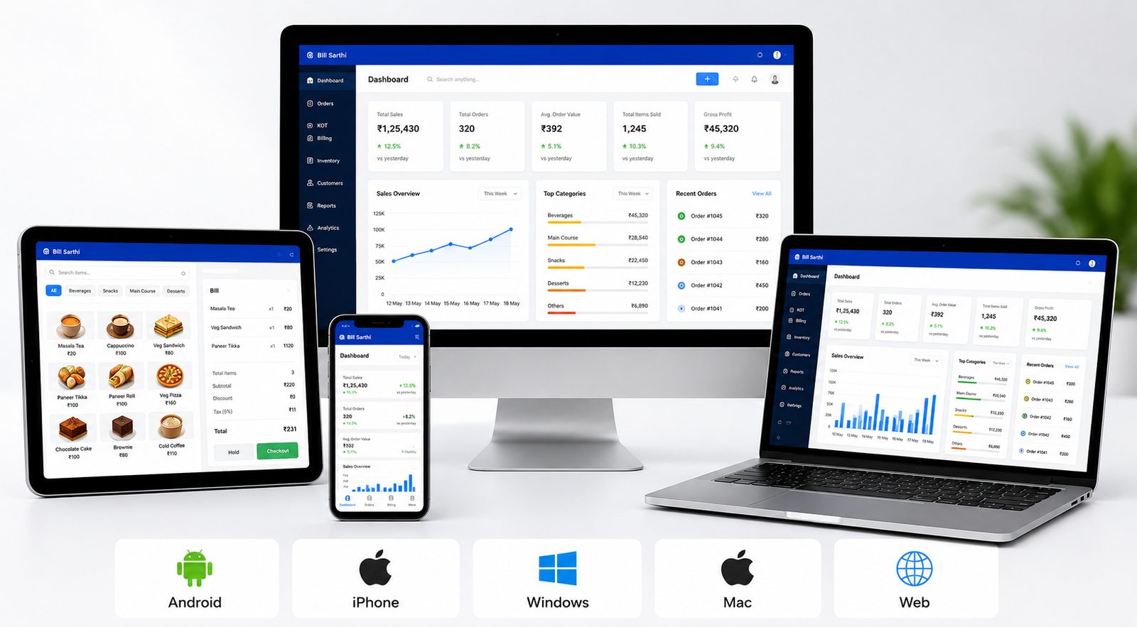 Bill Sarthi hybrid restaurant POS working on Android, iPhone, Windows, Mac and web devices